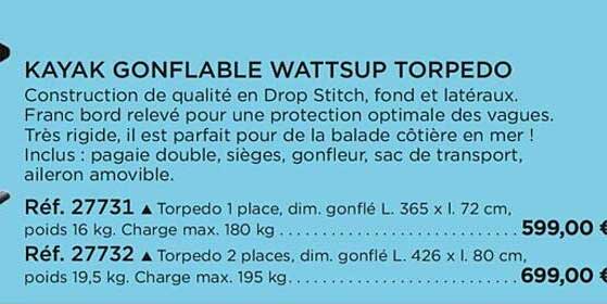 kayak gonflable wattsup torpedo