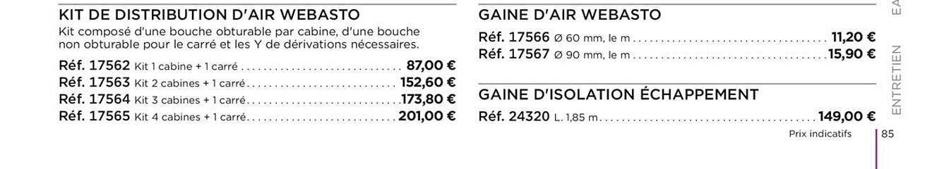 kit de distribution d'air webasto, gaine d'air webasto, gaine d'isolation échappement