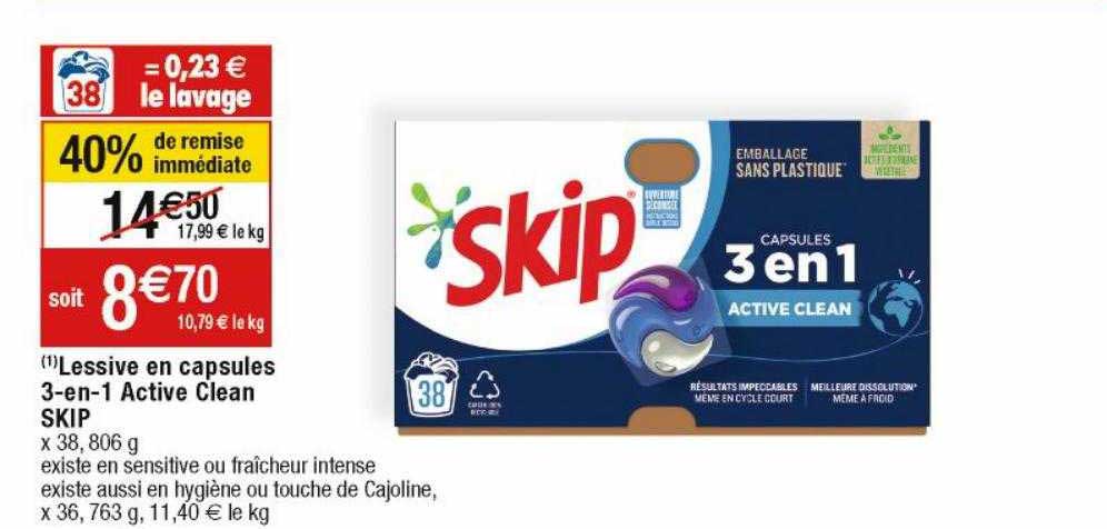 Lessive En Capsules 3-en-1 Active Clean Skip