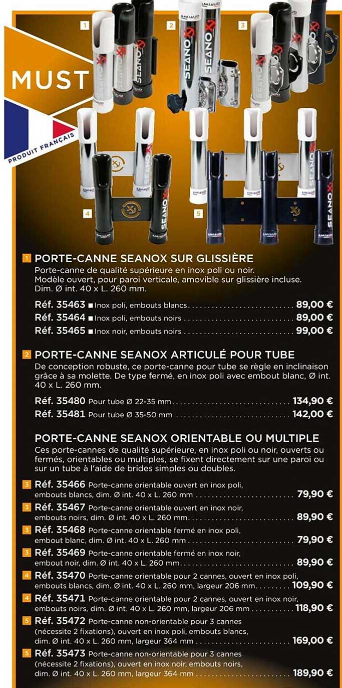 porte-canne seanox sur glissière, porte-canne seanox articulé pour tube, porte-canne seanox orientable ou multiple