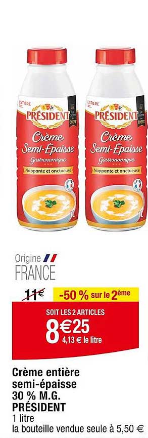 crème entière semi-épaisse 30% m.g. président