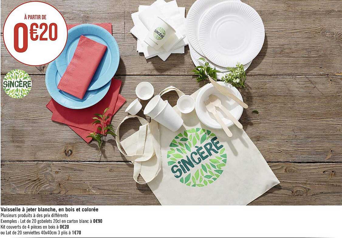 vaisselle à jeter blanche, en bois et colorée sincère