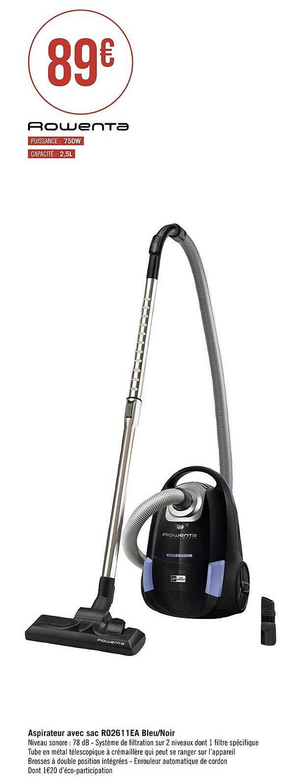Aspirateur Avec Sac R0261 1ea Bleu Noir Rowenta
