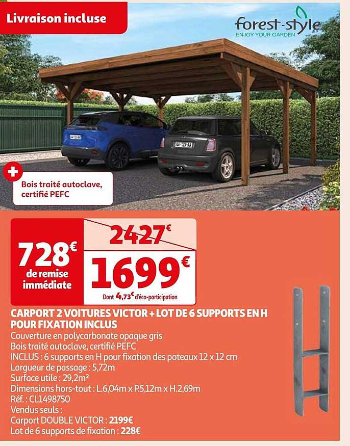 carport 2 voitures victor + lot de 6 supports en h pour fixation inclus forest-style