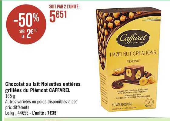 chocolat au lait noisettes entières grillées du piémont caffarel