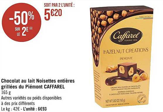 chocolat au lait noisettes entières grillées du piémont caffarel