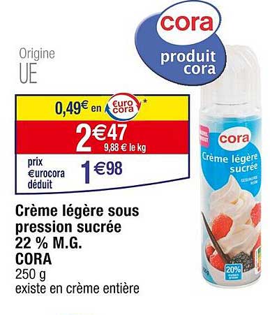 crème légère sous pression sucrée 22% m.g. cora