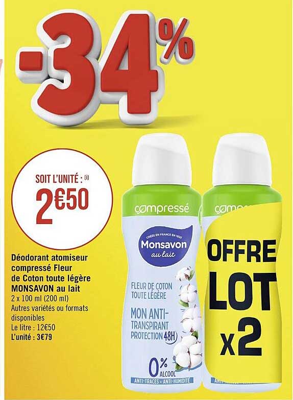 déodorant atomiseur compressé fleur de coton toute légère monsavon au lait