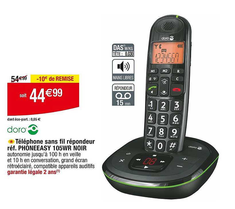 doro téléphone sans fil répondeur réf. phoneeasy 105wr noir