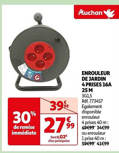 enrouleur de jardin 4 prises 16A 25 m