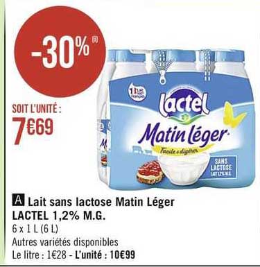 lait sans lactose matin léger lactel 1,2% m.g.