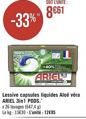 lessive capsules liquides aloé véra ariel 3in1 pods