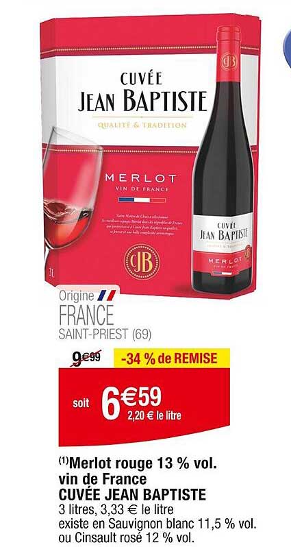 merlot rouge 13% vol. vin de france cuvée jean baptiste