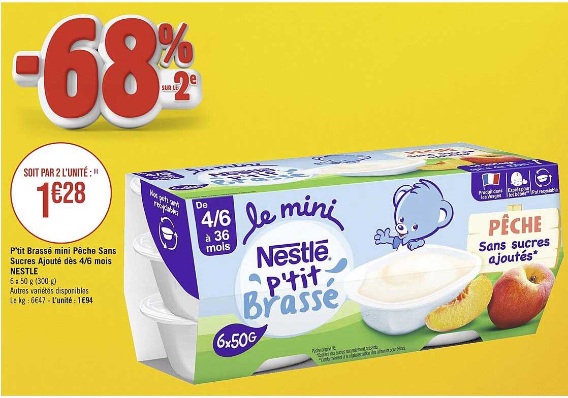p'tit brassé mini pêche sans sucres ajouté dès 4/6 mois nestlé