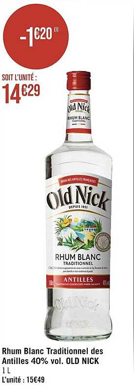 rhum blanc traditionnel des antilles 40% vol. old nick