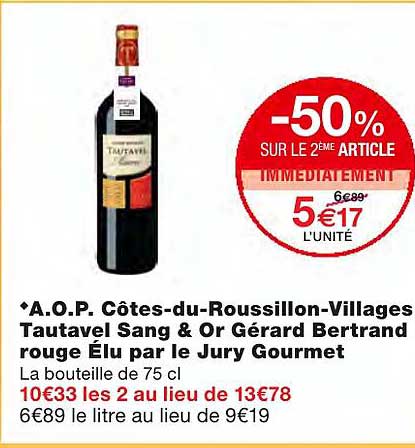 a.o.p. côtes-du-roussillon-villages tautavel sang & or gérard bertrand rouge élu par le jury gourmet