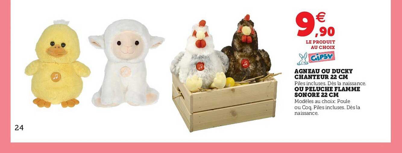 agneau ou ducky chanteur 22 cm ou peluche flamme sonore 22 cm