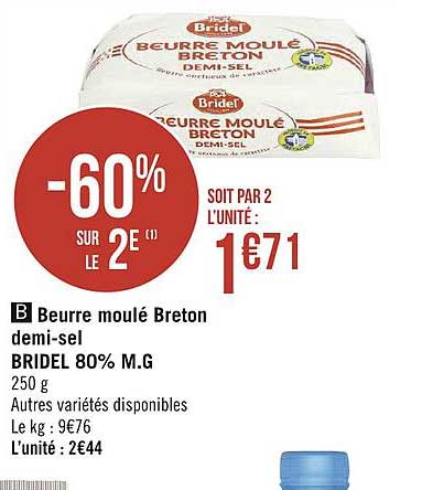 beurre moulé breton demi-sel bridel 80% m.g.
