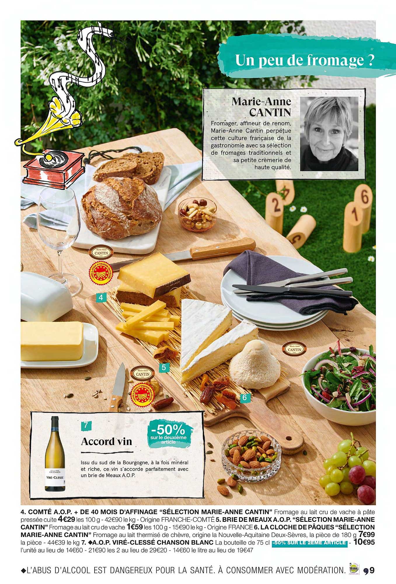 comté a.o.p. + de 40 mois d'affinage "sélection marie-anne cantin", brie de meaux, la cloche de pâques, viré-clessé chanson blanc