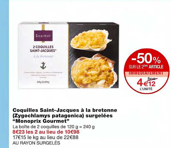 Coquilles Saint-jacques à La Bretonne (zygochlamys Patagonica) Surgelées "monoprix Gourmet"