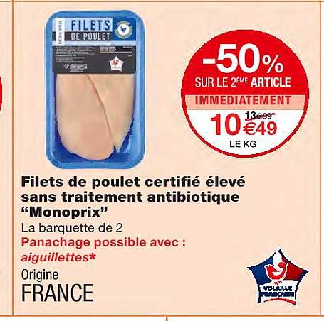 filets de poulet certifié élevé sans traitement antibiotique "monoprix"