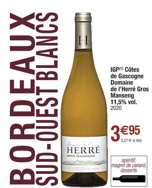 igp côtes de gascogne domaine de l'herré gros manseng 11,5% vol. 2020