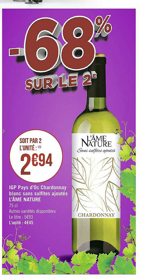 igp pays d'oc chardonnay blanc sans sulfites ajoutés l'âme nature