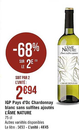 igp pays d'oc chardonnay blanc sans sulfites ajoutés l'âme nature