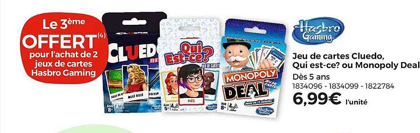 jeu de cartes cluedo, qui est-ce? ou monopoly deal hasbro gaming