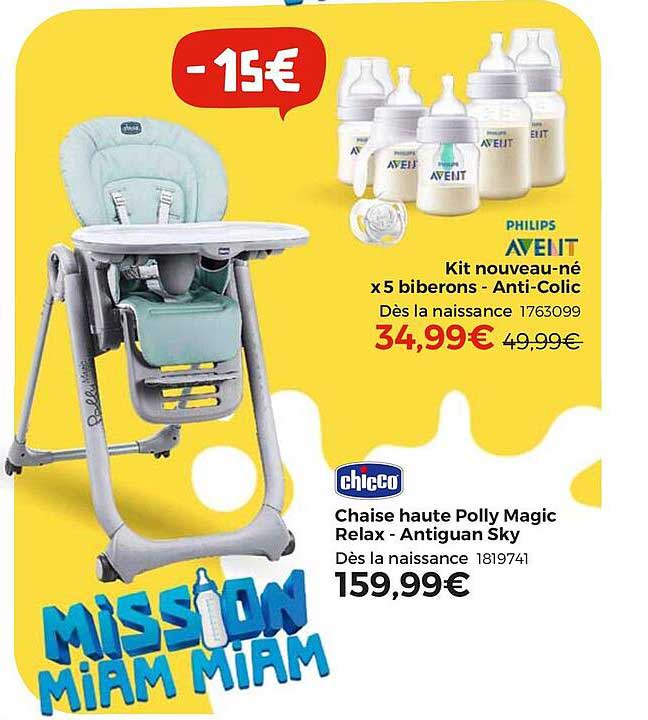 kit nouveau-né x5 biberons - anti-colic philips avent , chaise haute polly magic relax - antiguan sky chicco