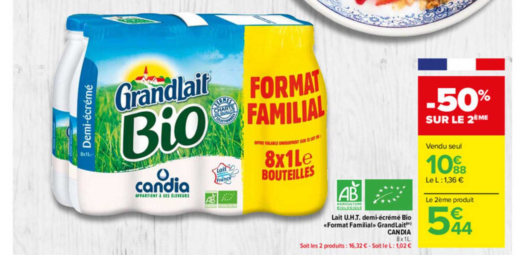 lait u.h.t. demi-écrémé bio «format familial» grandlait candia