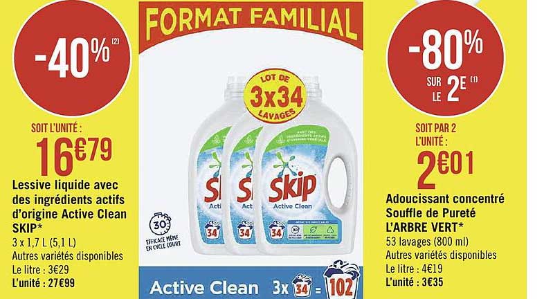 Lessive Liquide Avec Des Ingrédients Actifs D'origine Active Clean Skip, Adoucissant Concentré Souffle De Pureté L'arbre Vert