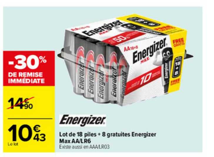 lot de 18 piles + 8 gratuites energizer max aa-lr6