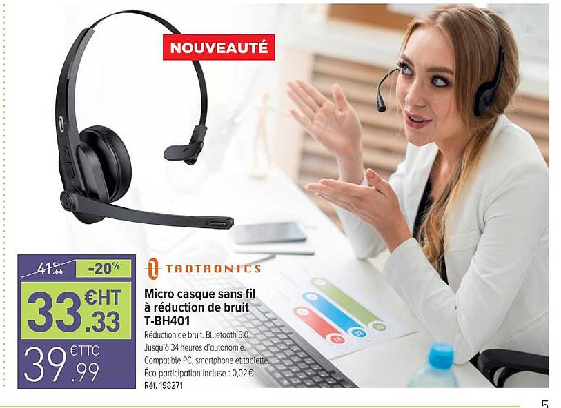 micro casque sans fil à réduction de bruit t-bh401 taotronics