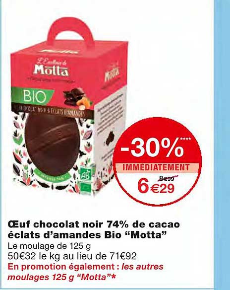 œuf chocolat noir 74% de cacao éclats d'amandes bio "motta"