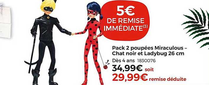 pack 2 poupées miraculous-chat noir et ladybug 26 cm