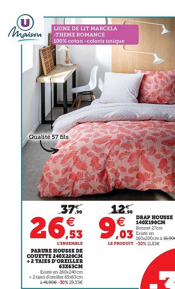 parure housse de couette 240 x 220 cm + 2 taie d'oreiller 63 x 63 cm, drap housse 140 x 190 cm