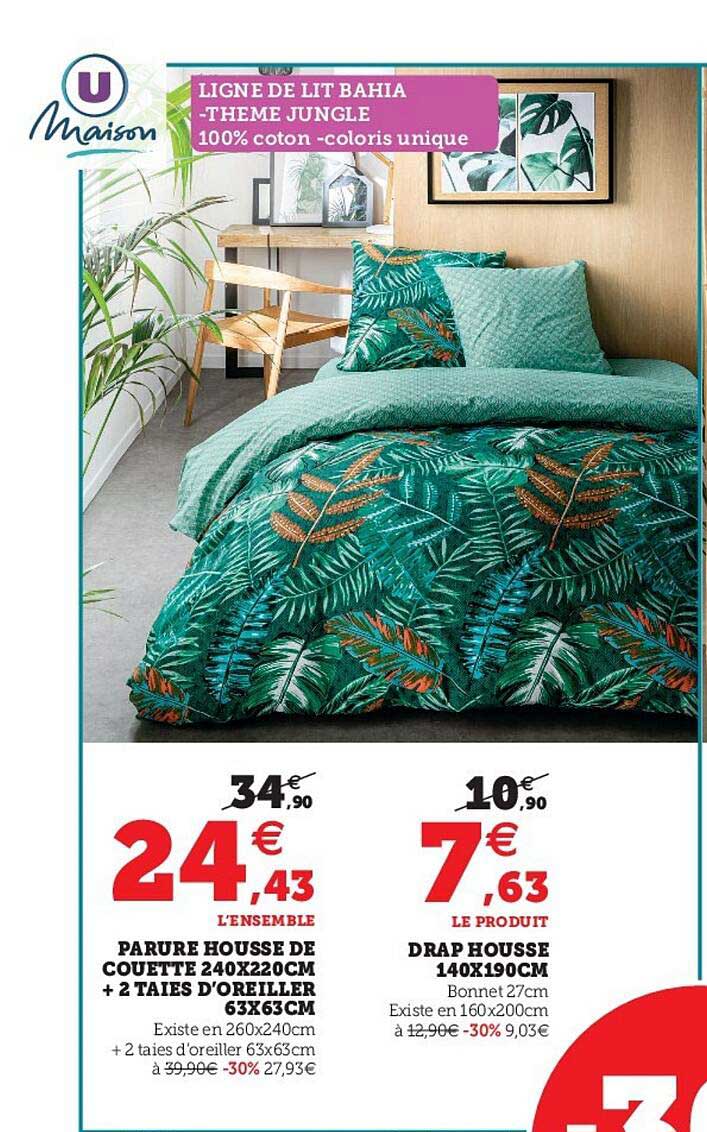 parure housse de couette 240 x 220 cm + 2 taies d'oreiller 63 x 63 cm, drap housse 140 x 190 cm