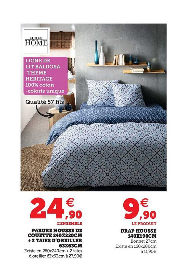 parure housse de couette 240 x 220 cm + 2 taies d'oreiller 63 x 63 cm, drap housse 140 x 190 cm