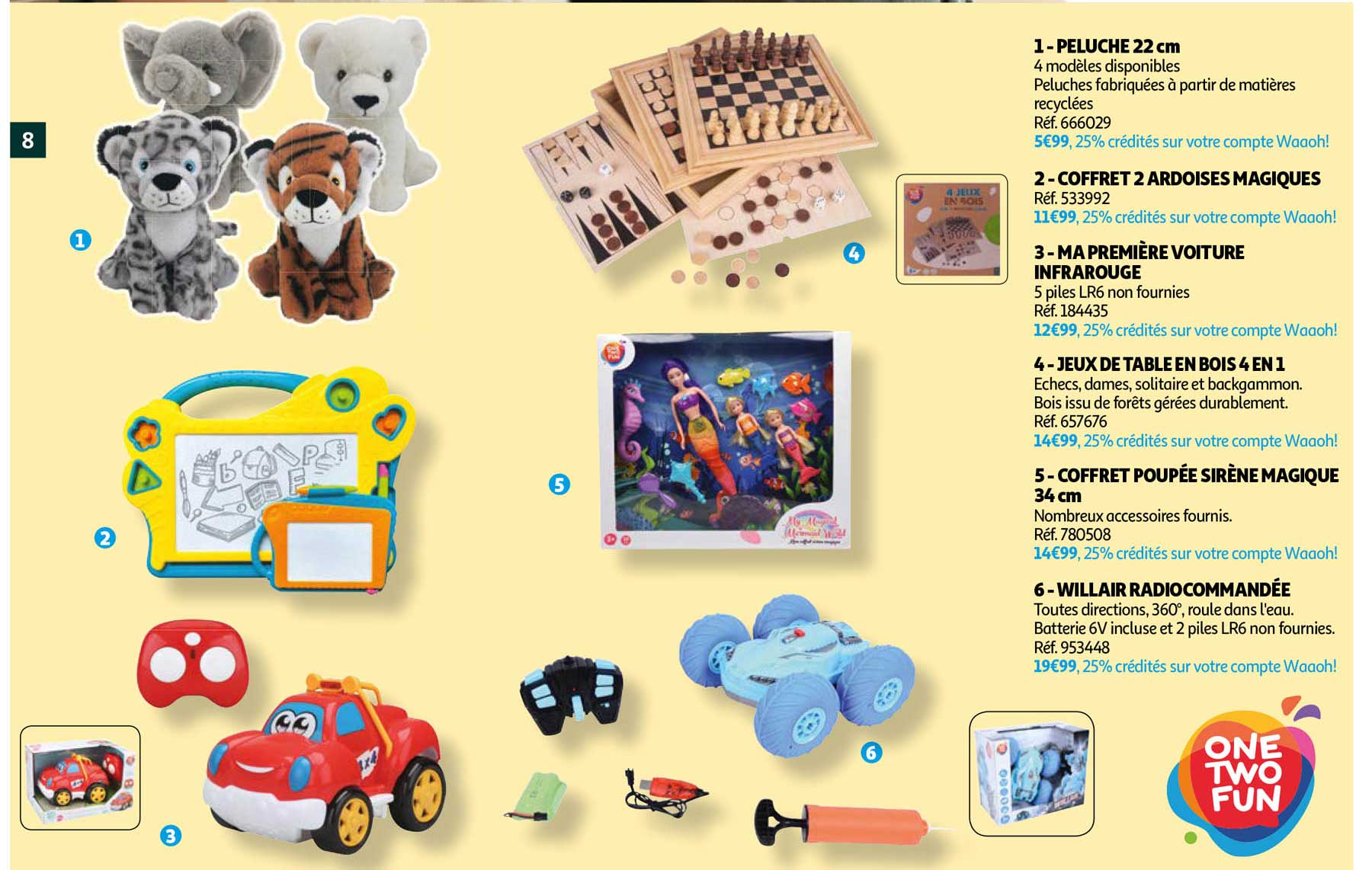 peluche 22 cm, coffret 2 ardoises magiques, ma première voiture infrarouge, jeux de table en bois 4 en 1, coffret poupée sirène magique 34 cm, willair radiocommandée