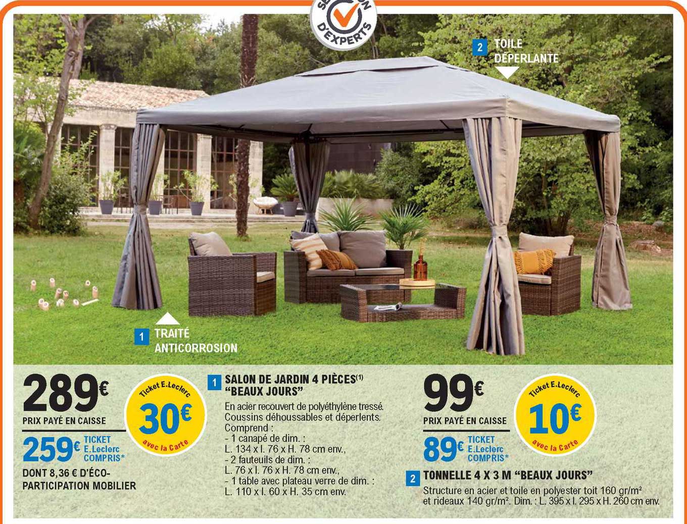 salon de jardin 4 pièces "beaux jours", tonnelle 4 x 3 m "beaux jours"