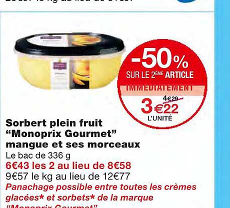 sorbert plein fruit "monoprix gourmet" mangue et ses morceaux