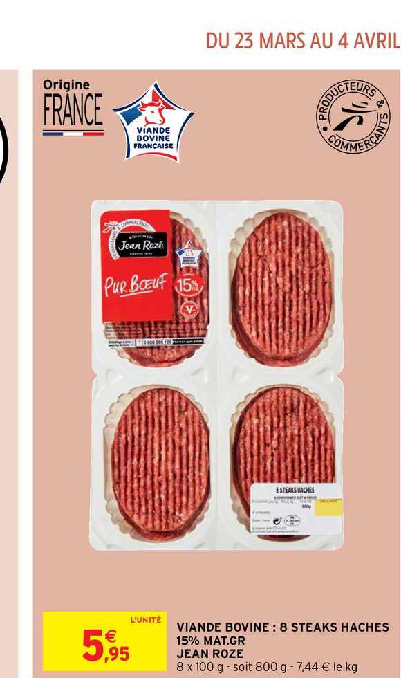 viande bovine : 8 steaks haché 15% mat.gr. jean rozé