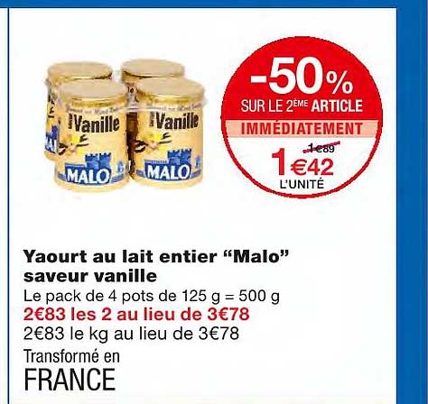 Yaourt Au Lait Entier "malo" Saveur Vanille