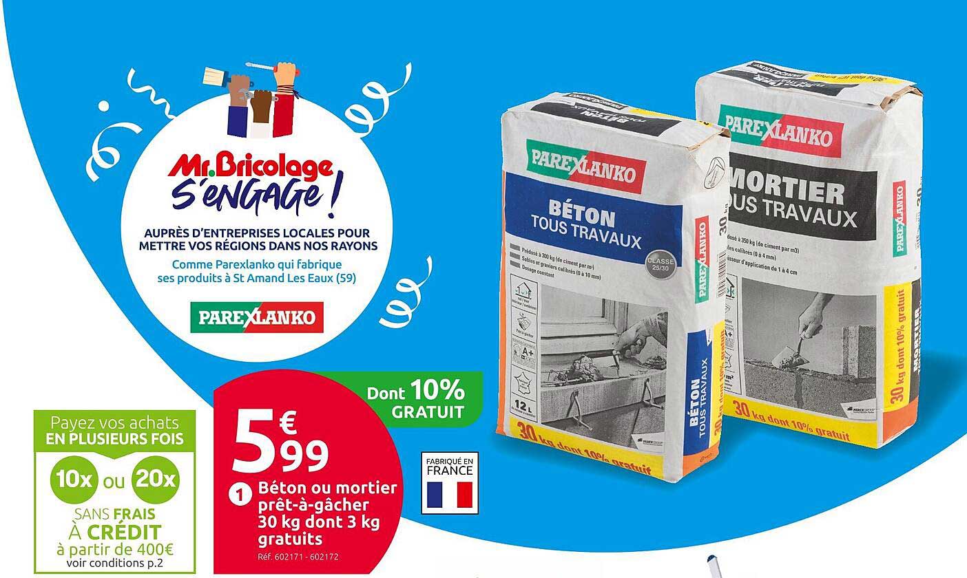 béton ou mortier prêt-à-gâcher 30 kg dont 3 kg gratuits