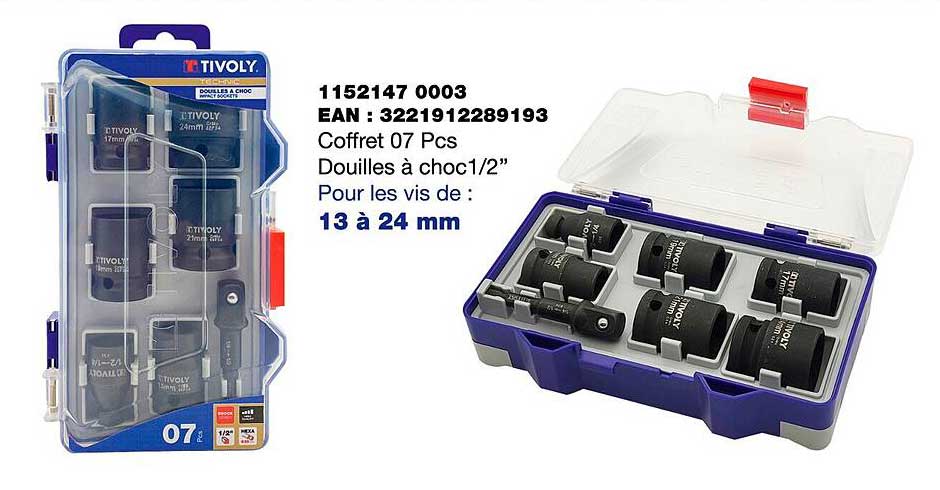 coffret 07 pcs douilles à choc 1-2" tivoly