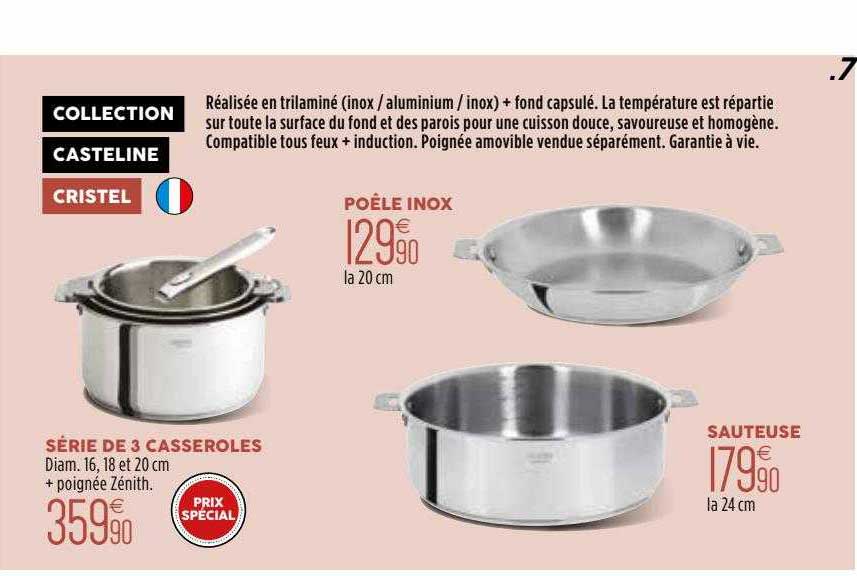 Collection Casteline Cristel : Série De 3 Casseroles, Poêle Inox, Sauteuse