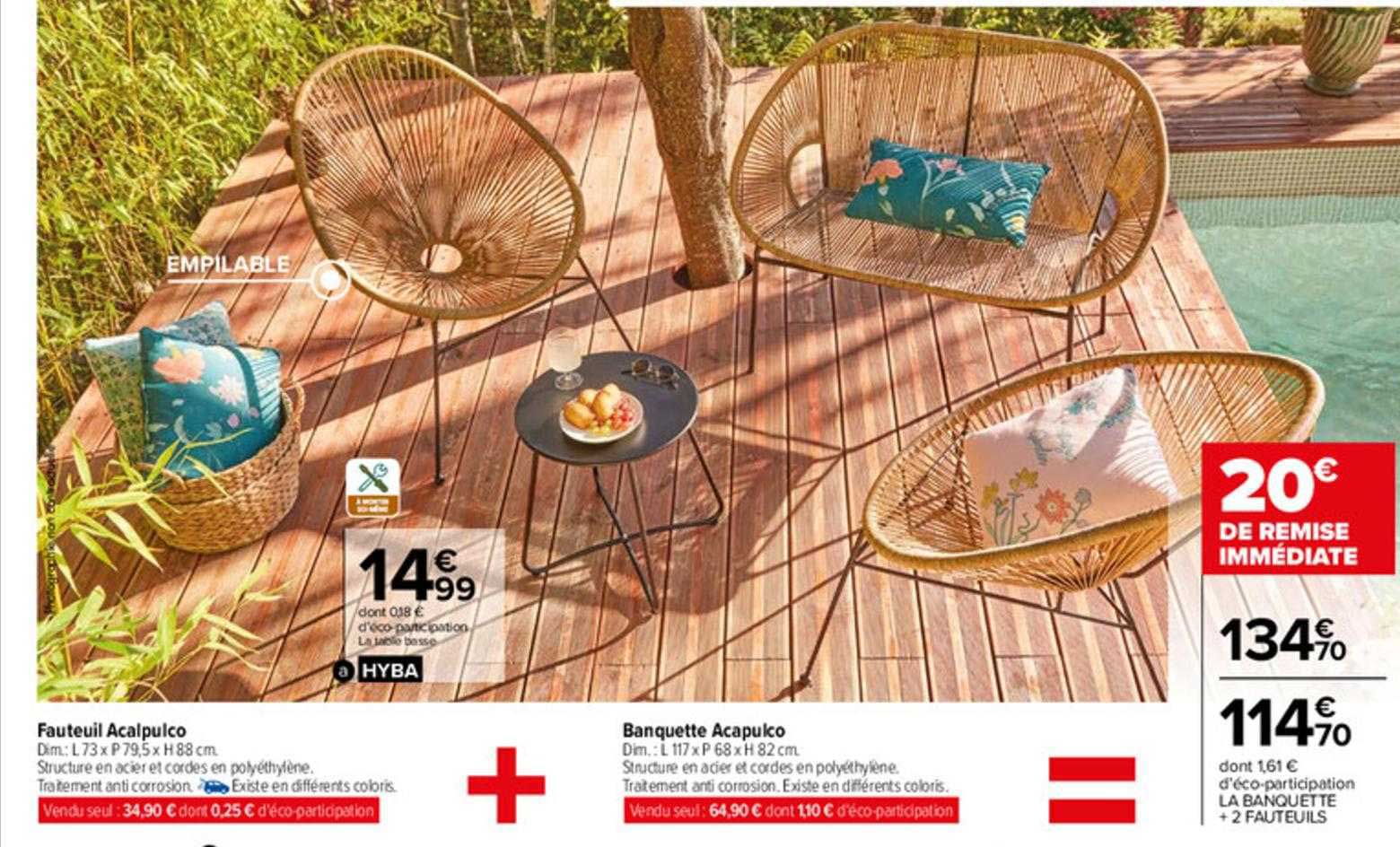 fauteuil acapulco + banquette acapulco , la table basse hyba