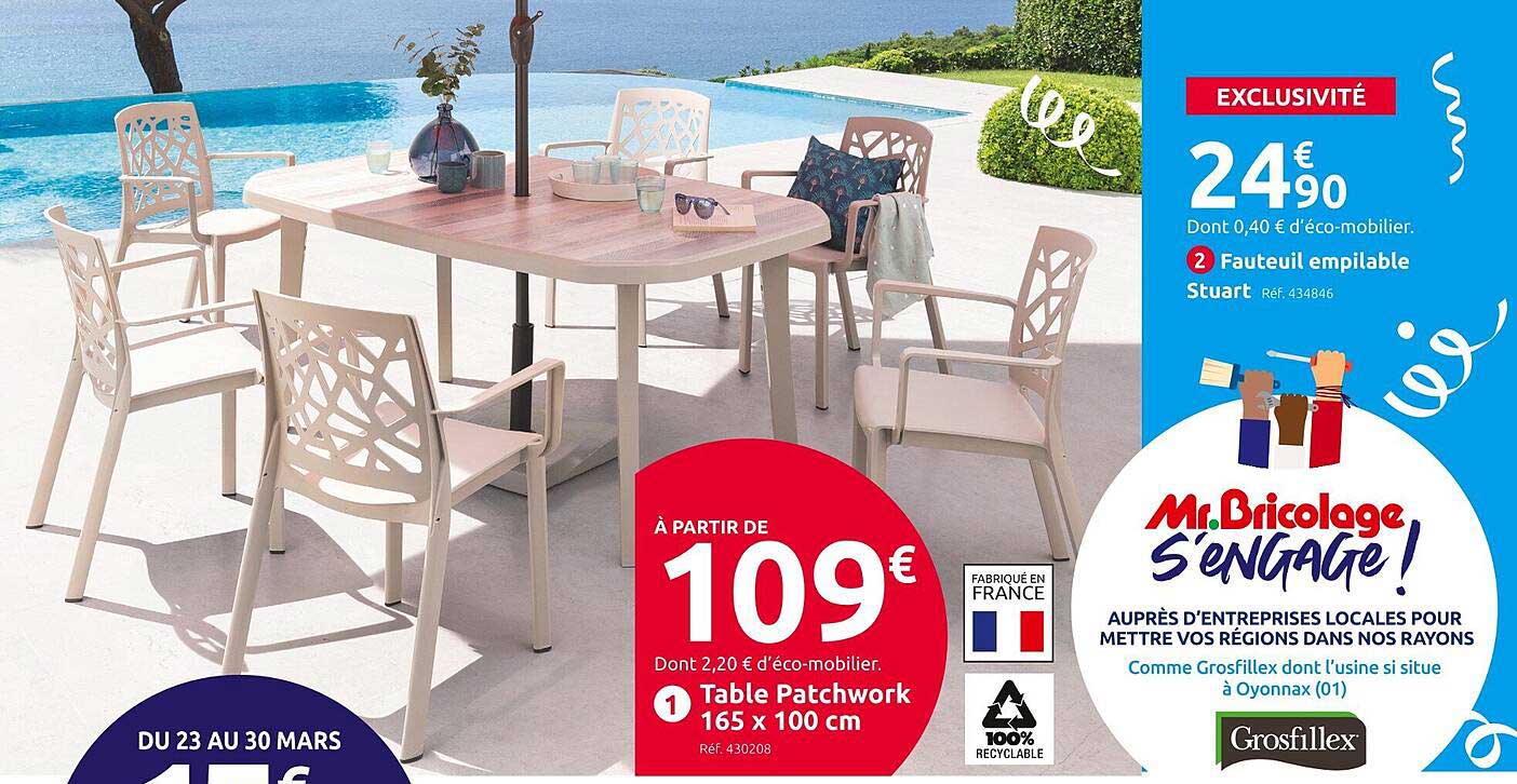 fauteuil empilable stuart, table patchwork 165 x 100 cm