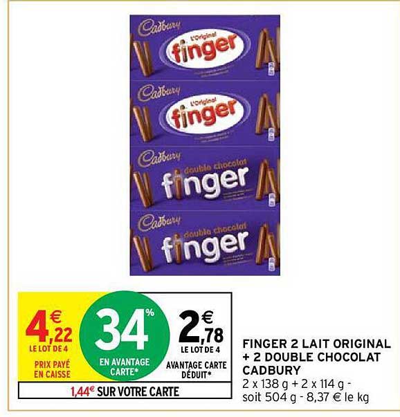 Finger 2 Lait Original + 2 Double Chocolat Cadbury
